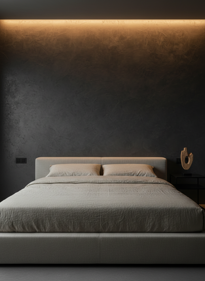 A moody, high-end bedroom feature wall finished in dark, charcoal Venetian plaster with a subtle metallic undertone, creating a softly reflective, stone-like surface. A low upholstered bed in light sand-colored fabric sits against the wall, with simple linen bedding and a single sculptural bedside object atop a slim black metal nightstand. Warm, dimmable wall-washer lights from the ceiling flow down the plaster, producing a gradient of light and shadow that accentuates its luxurious depth. Photographic realism, eye-level composition with the wall occupying most of the frame, capturing an intimate, cocoon-like atmosphere that showcases Venetian plaster’s dramatic potential.