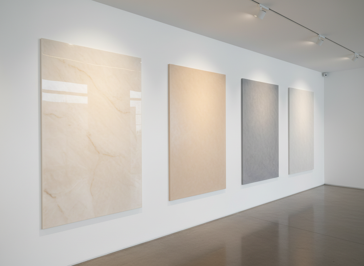 A minimalist, gallery-like corridor featuring a series of large wall panels, each finished in a different Venetian plaster technique: polished marble-like gloss, soft satin sheen, and velvety matte. The panels transition from warm ivory to cool dove gray and muted sand, mounted on a clean white wall. Discreet linear ceiling lights cast even, diffused illumination, creating refined highlights across the textures without harsh glare. The polished concrete floor subtly reflects the panels, adding depth. Photographic realism, shot from a slightly elevated angle with strong perspective lines drawing the eye down the corridor, conveying a curated, educational showroom where craftsmanship and sophistication are the focus.