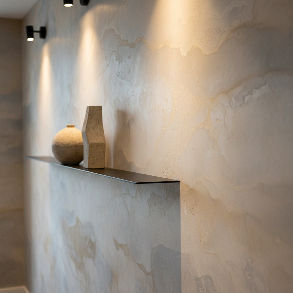 A close-up, angled view of a feature wall finished in Skimstone, revealing layered translucent tones of pale stone, dove gray, and warm beige, with subtle variations and organic movement reminiscent of natural limestone. A slim, matte-black floating shelf intersects the frame, holding two minimalist, unglazed ceramic forms that echo the plaster’s earthy character. Warm, directional gallery lighting from above rakes across the wall, casting gentle shadows that enhance the layered depth. Photographic realism, shallow depth of field that keeps the plaster’s surface in razor-sharp focus while softly blurring the shelf edges and background, creating an intimate, sophisticated study of decorative concrete finishes.
