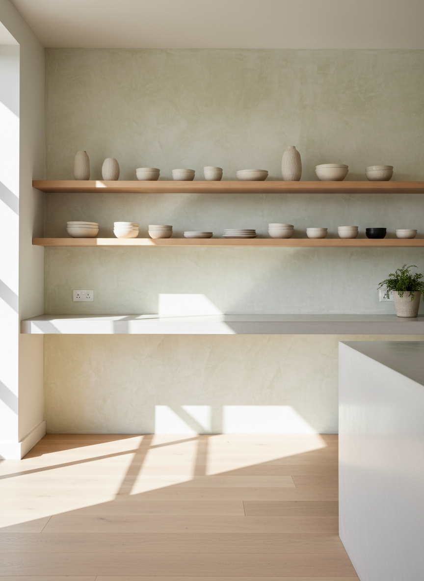 A bright, airy kitchen with a feature wall in pale, chalky lime wash, subtly variegated with soft white and light beige tones. Open oak shelving is mounted on the wall, displaying simple, neutral ceramics that complement the finish. A microcement countertop in a harmonious light gray anchors the lower part of the scene, with its seamless surface contrasting gently with the delicate lime wash texture above. Sunlight pours in from a large unseen window to the left, casting gentle, natural highlights and soft shadows. Photographic realism, three-quarter wide shot with balanced composition, projecting an inviting, contemporary yet timeless aesthetic.