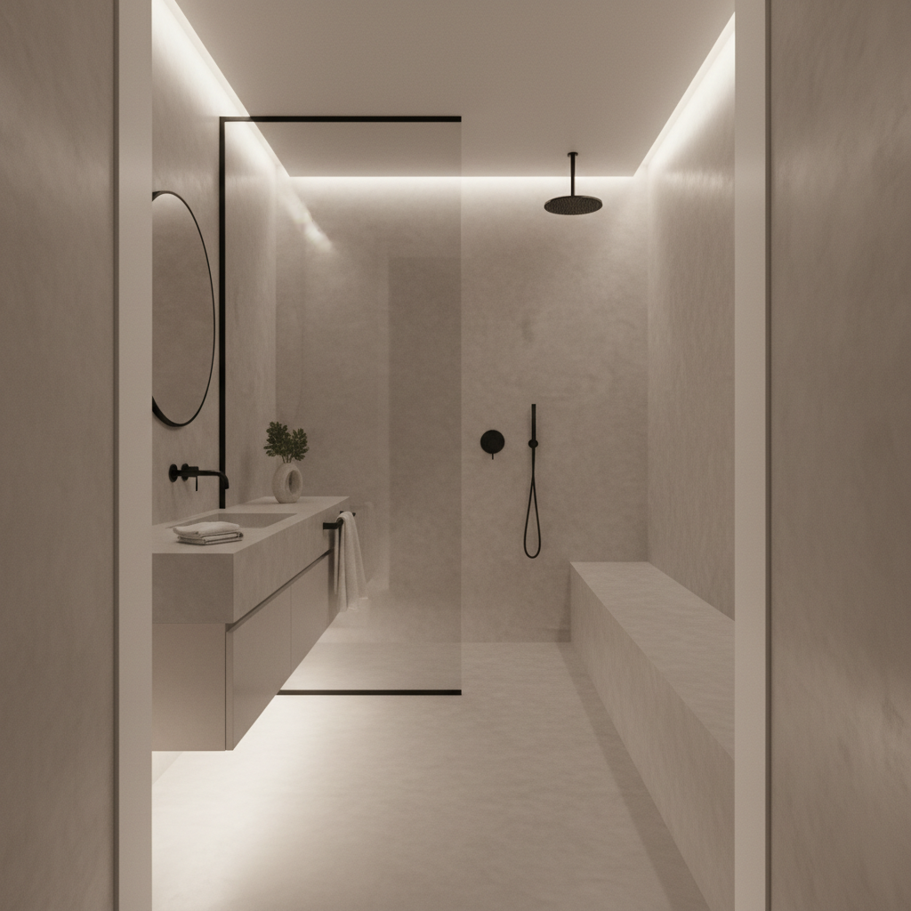 A contemporary bathroom showcasing microcement surfaces: a continuous, seamless microcement floor flowing into a floating vanity and a walk-in shower bench in the same soft warm gray. The microcement displays subtle mottling and a satin, waterproof finish, with elegant, barely visible trowel marks. A frameless glass shower screen and a slim black wall-mounted faucet provide contrast without distraction. Soft, cool-toned LED strip lighting runs under the vanity and along the ceiling, gently grazing the surfaces and emphasizing their texture. Photographic realism, wide-angle shot from the doorway with balanced composition and strong depth, exuding a spa-like, architectural calm while highlighting microcement’s versatility.